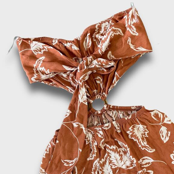 LUSH NEW ALMOND CREAM LEAF FLORAL CUTOUT JUMPSUIT BROWN SMALL - Picture 5 of 9